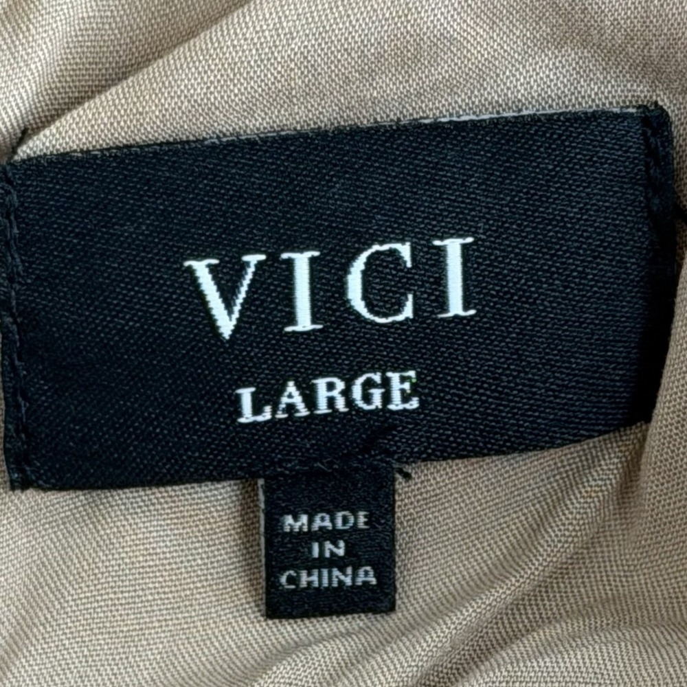 VICI, Tan Linen Blend Crochet Lace Trim Wide Leg Tie Back Jumpsuit Size Large - Picture 7 of 9